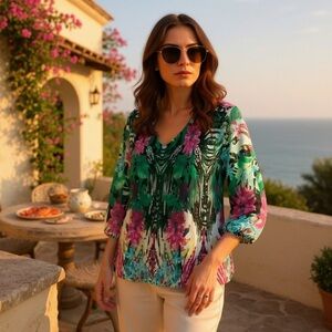 DANA BUCHMAN Floral V-Neck Women's Top